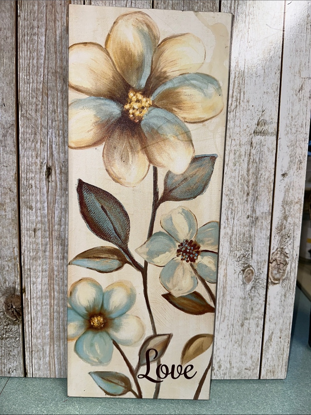 Floral 'Love' Wall Art Panel in Aqua, Cream & Brown